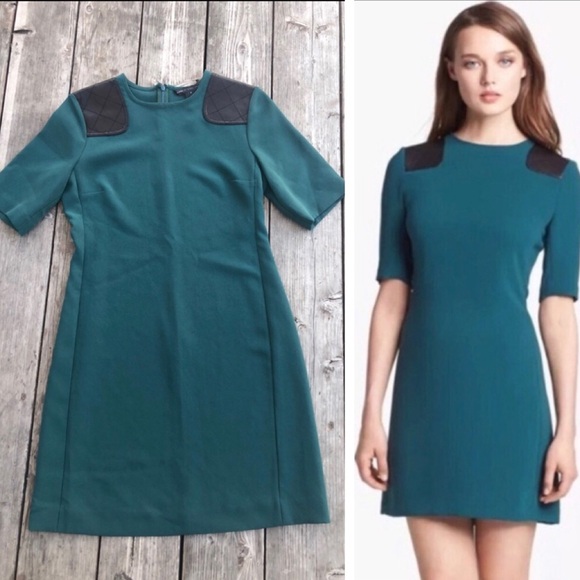 Marc Jacobs Dresses & Skirts - Marc Jacobs Black Lamb Leather Shoulders Lightweight Teal Sheath Dress size 4